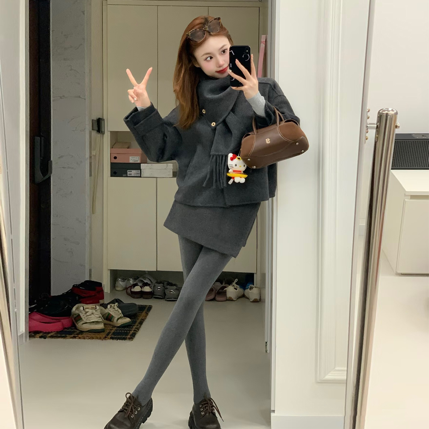 韩系高级感毛呢外套半身裙两件套