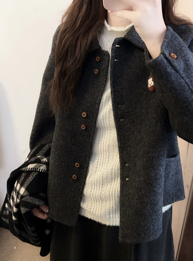 韩式灰色毛呢外套女秋冬季小个子单排扣POLO领高级感百搭呢子大衣