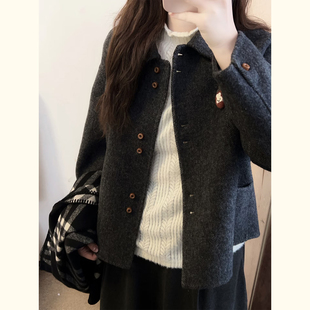 韩式灰色毛呢外套女秋冬季小个子单排扣POLO领高级感百搭呢子大衣