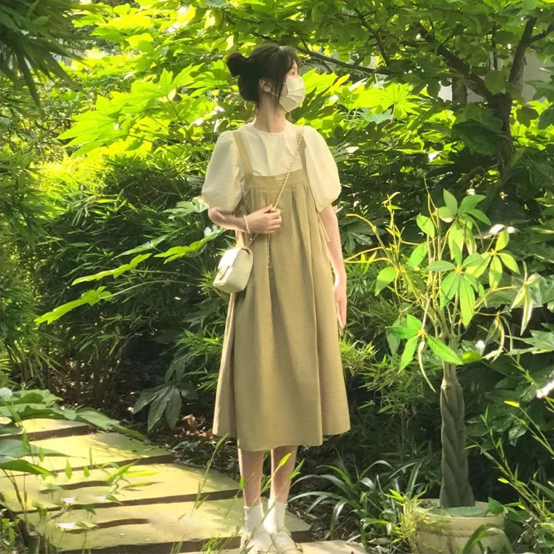 韩版学院风甜美泡泡袖少女两件套连衣裙小个子短袖衫+背带裙套装