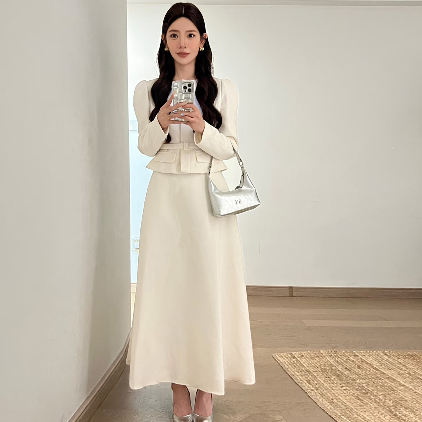 法式轻奢优雅风白色收腰毛呢套装