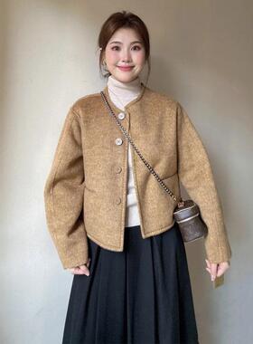 韩系姜黄色高级感圆领毛呢外套女冬季新款小个子短款呢子大衣