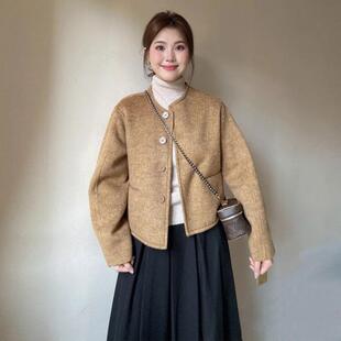 韩系姜黄色高级感圆领毛呢外套女冬季新款小个子短款呢子大衣