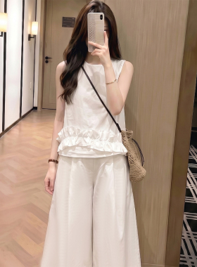 慵懒风白色花边背心阔腿裤套装女夏小个子松弛感穿搭两件套