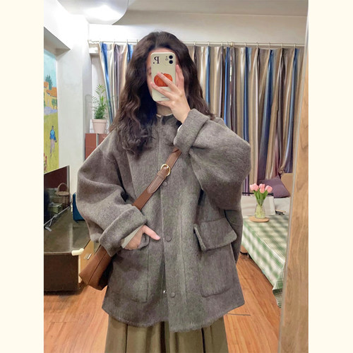 韩版小个子咖色宽松连帽呢子大衣