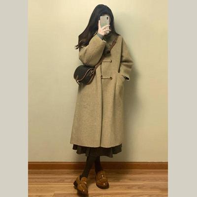 立领牛角扣毛呢大衣小个子中长款