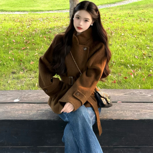 韩系复古棕立领毛呢外套女秋冬高级感小个子系带收腰显瘦呢子大衣