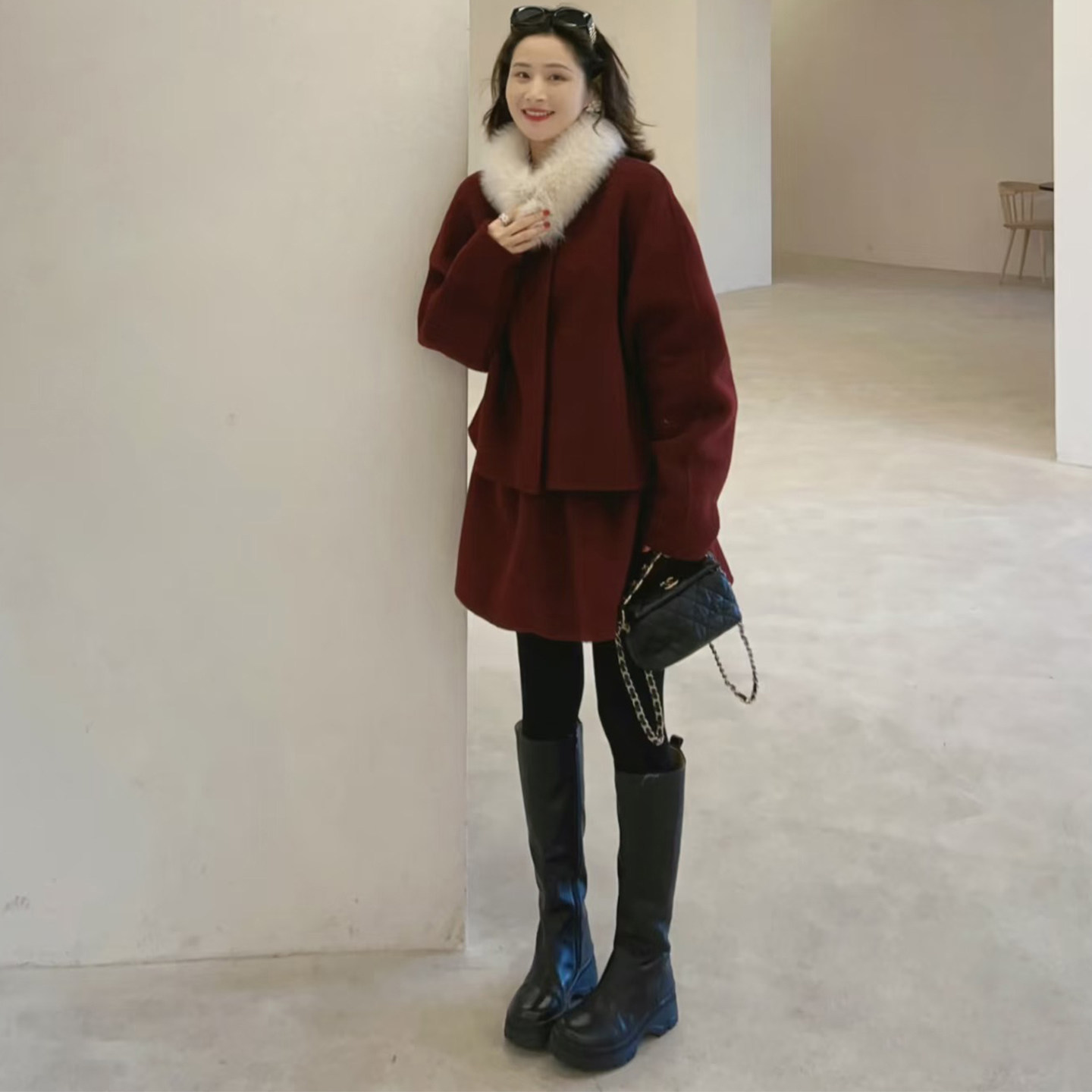 休闲风毛领围脖毛呢外套半裙套装女秋冬季小个子三件套氛围感韩系,女装/女士精品,时尚套装,淘宝优惠券,粉丝福利购,淘宝优惠卷