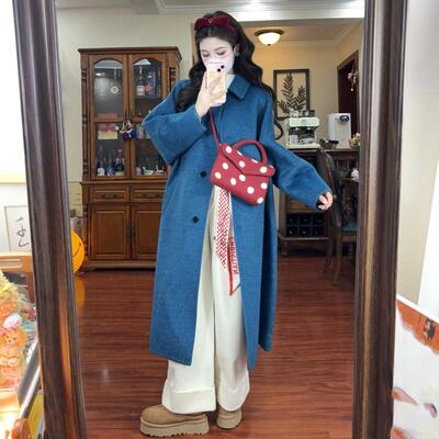 蓝色宽松呢子大衣毛呢外套中长款