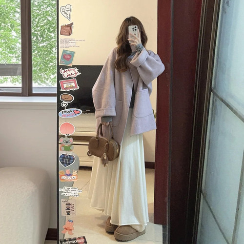 温柔风香芋紫毛呢大衣小个子秋冬