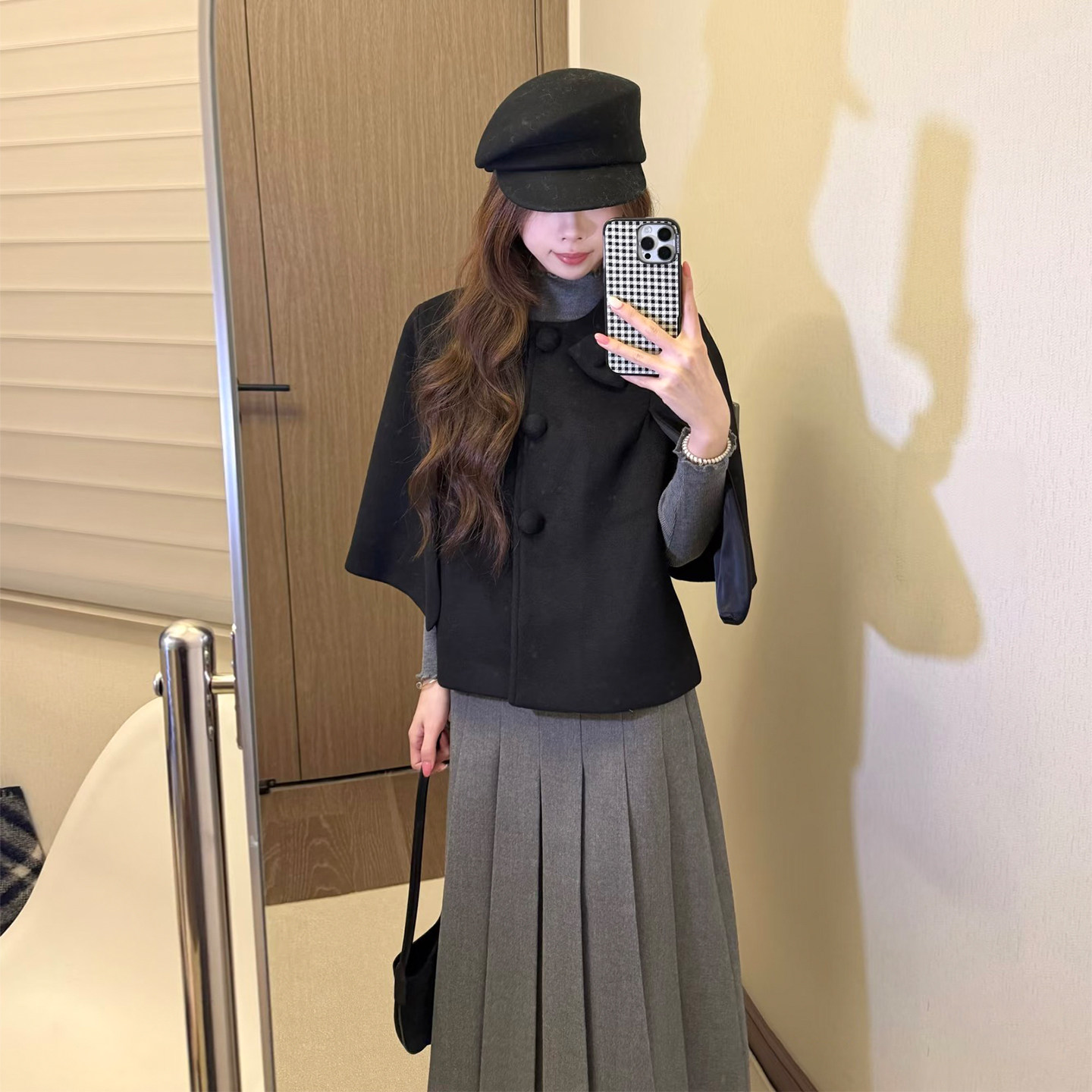 法式千金风斗篷毛呢套装女 短款披肩呢子大衣+灰色百褶长裙两件套