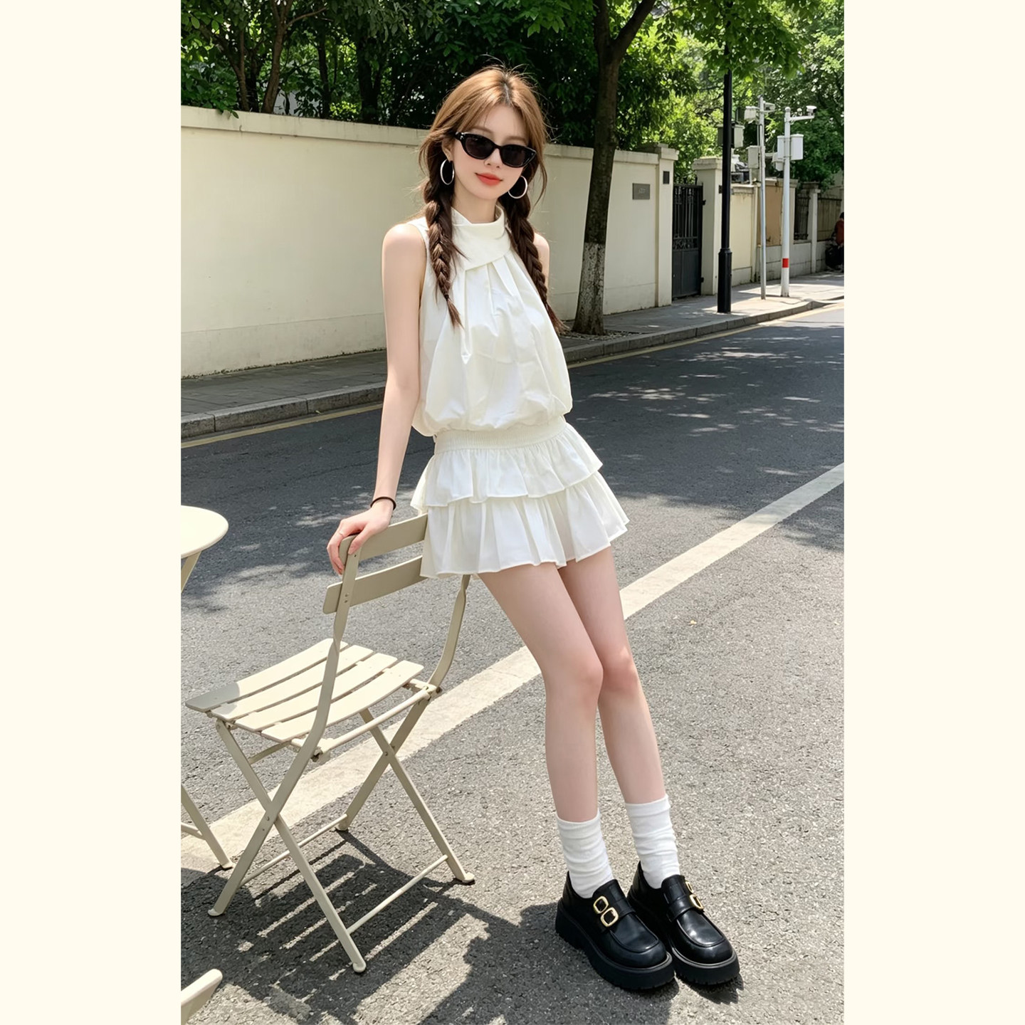 法式挂脖无袖上衣蛋糕裙两件套女夏季甜辣风小个子减龄休闲套装