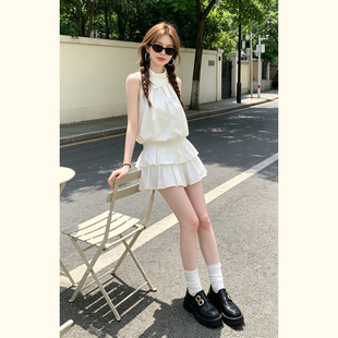 法式挂脖无袖上衣蛋糕裙两件套女夏季甜辣风小个子减龄休闲套装