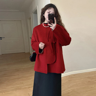 新中式盘扣立领红色毛呢外套女秋冬装小个子宽松显瘦喜庆呢子大衣