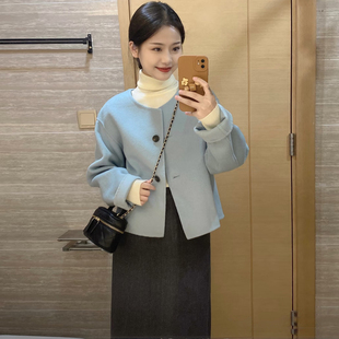 轻熟风毛呢短外套女秋冬装韩系圆领小个子单排扣短款呢子大衣蓝色