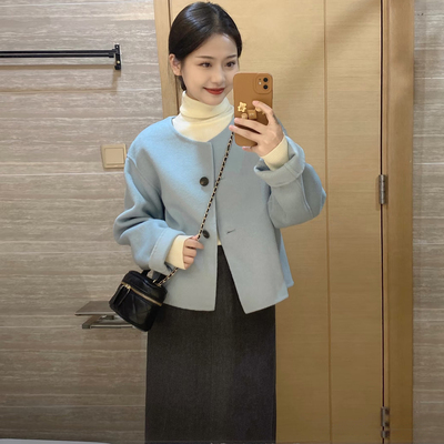 韩系圆领小个子单排扣短款呢子