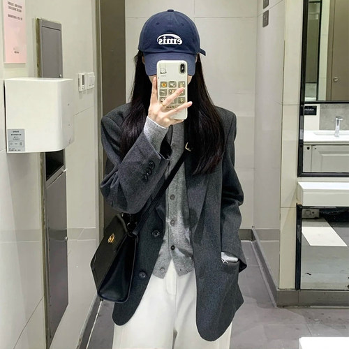 韩系灰色西装外套高级感气质通勤