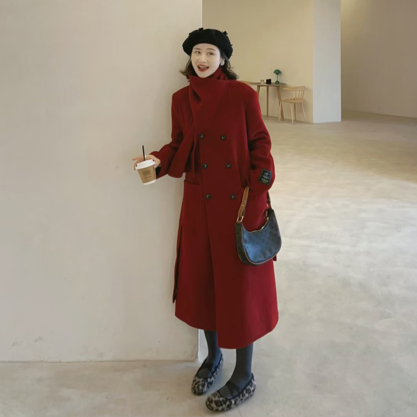 新年喜庆红色围巾领毛呢外套女秋冬韩版中长款双排扣宽松呢子大衣