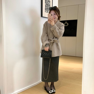 气质灰色短款毛呢大衣女秋冬季150小个子浴袍式系带收腰呢子外套