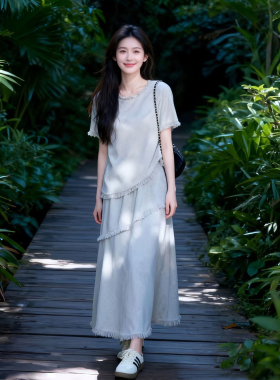 韩系灰色流苏套装裙女春夏韩风chic巨好看一整套休闲两件套