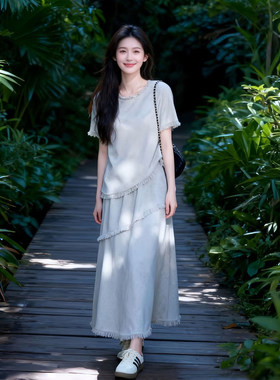 韩系春夏灰色流苏女裙套装