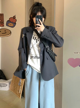 清仓设计感灰色西装外套女春秋装新款韩版小个子宽松显瘦西服上衣