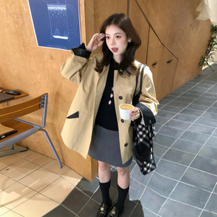 春季 单排扣长袖 卡其色高级感大衣 宽松风衣外套女小个子中长款 韩版