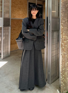 学院风毛呢套装女秋冬灰色西装外套半身裙两件套小个子高级感气质