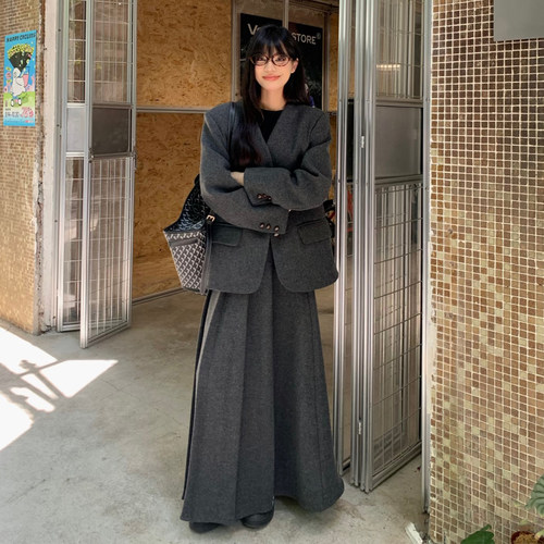 学院风灰色西装外套半身裙两件套