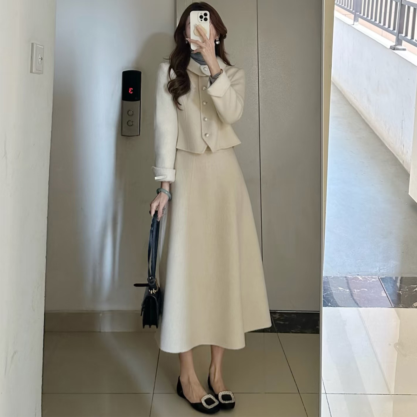 小个子轻熟风小香风白色毛呢外套A字半身裙气质名媛高端两件套装