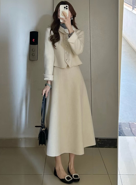 小个子轻熟风小香风白色毛呢外套A字半身裙气质名媛高端两件套装