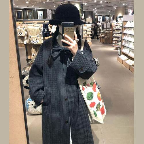 格子毛呢外套中长款呢子大衣圆领