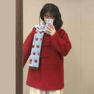 新年圣诞红色新中式毛呢外套女冬季新款短款盘扣小个子呢子大衣