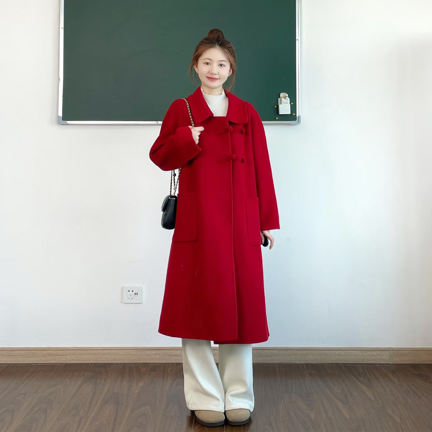 新年穿搭红色呢子大衣女中长款盘扣翻领新中式毛呢外套高端气质