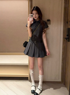 韩系学院风polo领灰色连衣裙女小个子收腰显瘦百褶短裙气质修身