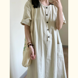 法式复古气质圆领短袖连衣裙女夏季新款小个子宽松遮肉显瘦大摆裙