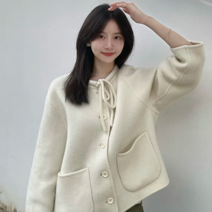 温柔韩系风蝴蝶结系带毛呢外套女秋冬短款宽松显瘦米白色呢子大衣