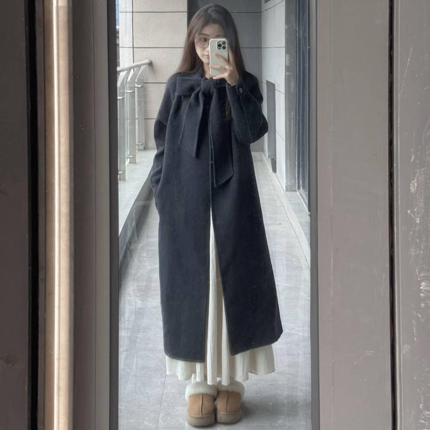 小个子温柔风蝴蝶结系带毛呢外套