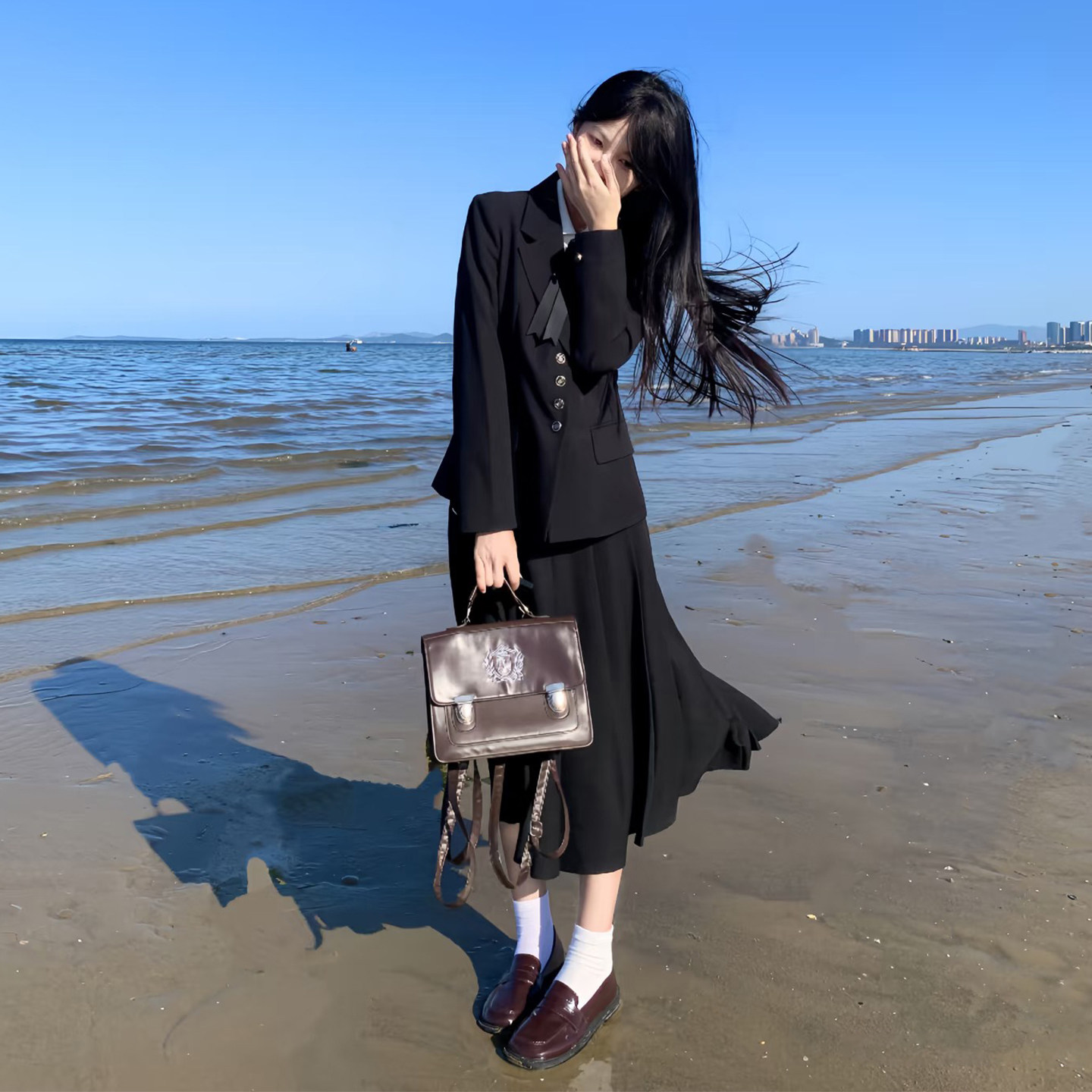 黑色学院风西装半身裙套装女春秋JK制服感收腰显瘦气质西服两件套