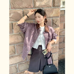 氛围感灰紫色做旧外套女 撞色灯芯绒领多口袋宽松休闲工装夹克秋