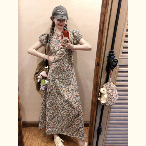 夏季法式碎花收腰显瘦A字连衣裙