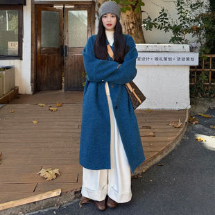 高级感蓝色翻领毛呢外套女秋冬新款韩版小个子单排扣休闲呢子大衣