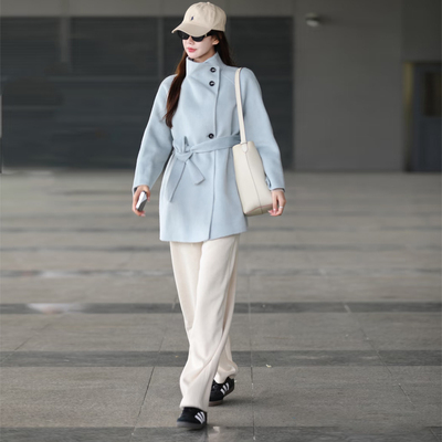 轻熟立领毛呢外套女小个子中长款