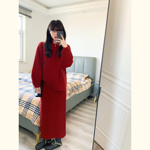 温柔韩系风红色毛呢外套连衣裙套装女秋冬高级感小个子氛围感套装