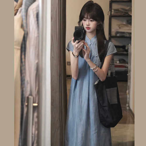 文艺蓝新中式连衣裙新中式长裙