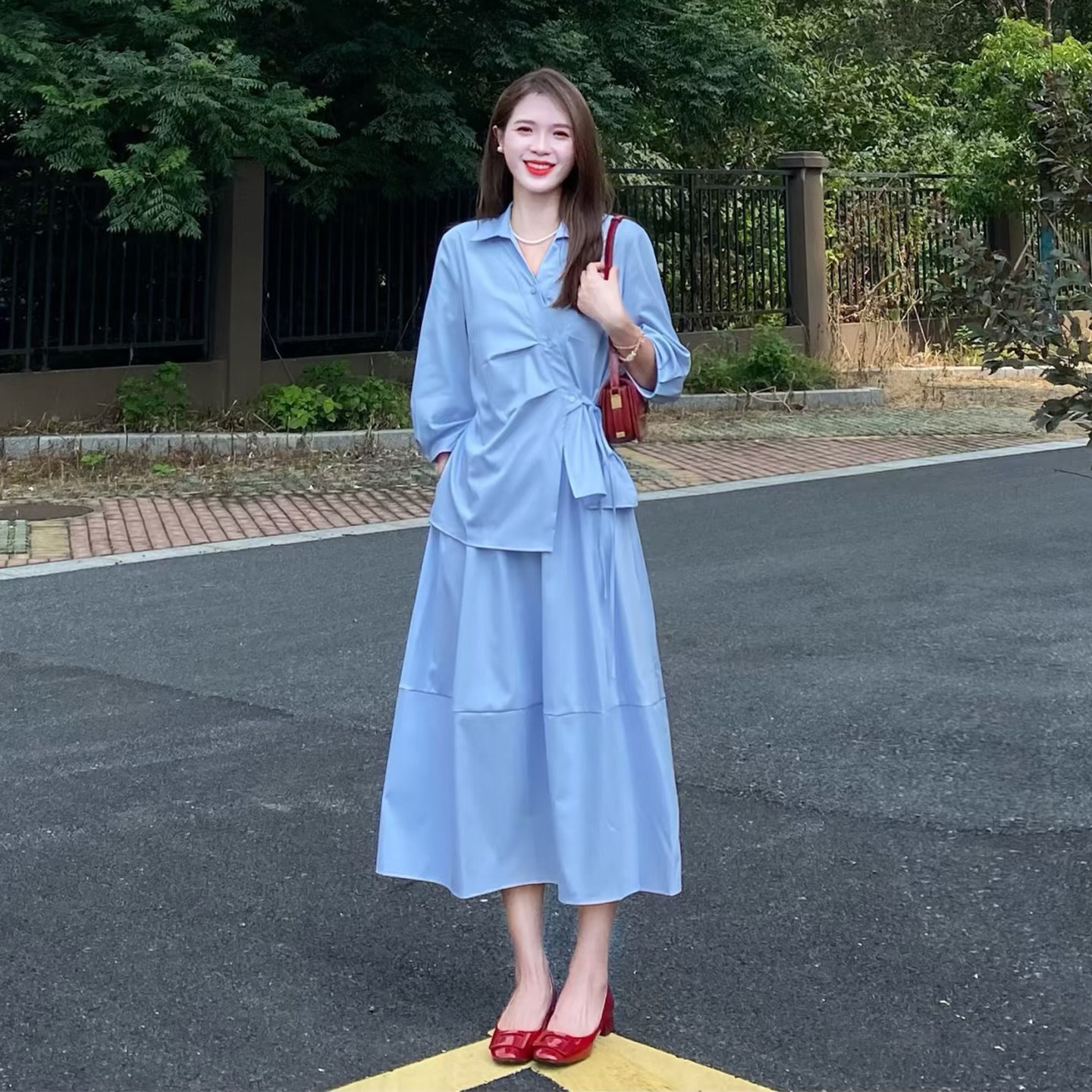 通勤休闲不规则设计感衬衣长裙套装女春秋季温柔风收腰显瘦两件套