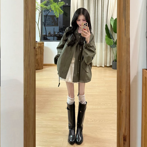韩系工装军绿中长风衣外套女春秋