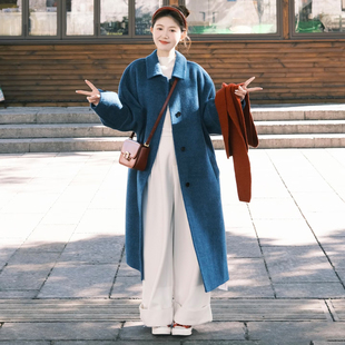 韩系蓝色毛呢大衣女秋冬装新款中长款小个子宽松显瘦百搭呢子大衣