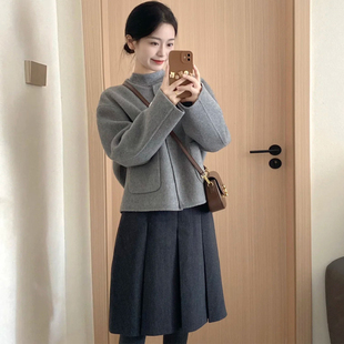 小个子单排扣短款 新款 呢子大衣 简约灰色圆领毛呢外套女秋冬装 韩式