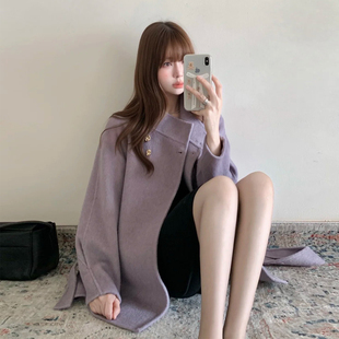 韩系温柔紫色毛呢外套女立领金属扣收腰系带小个子中长款呢子大衣